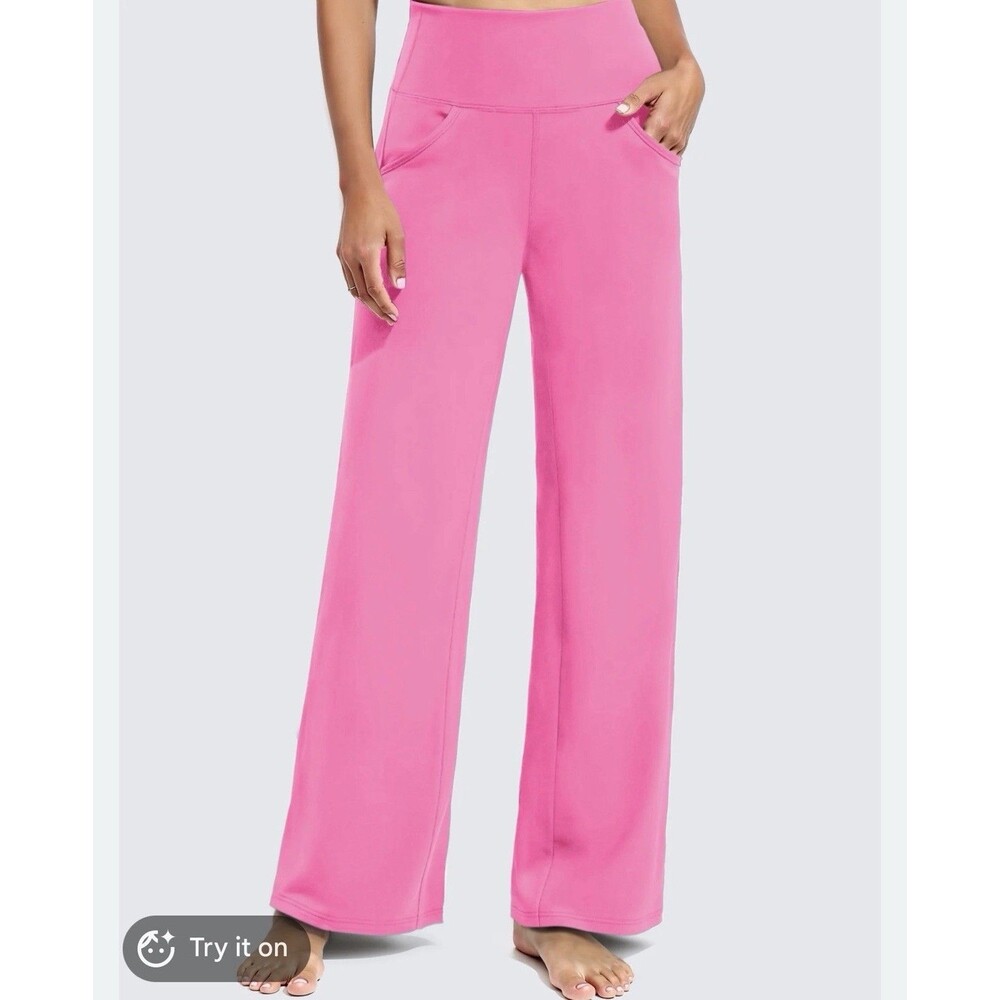 Womens Yoga Pants Wide Leg Pockets High Waist Stretch Casual Lounge pink size XL